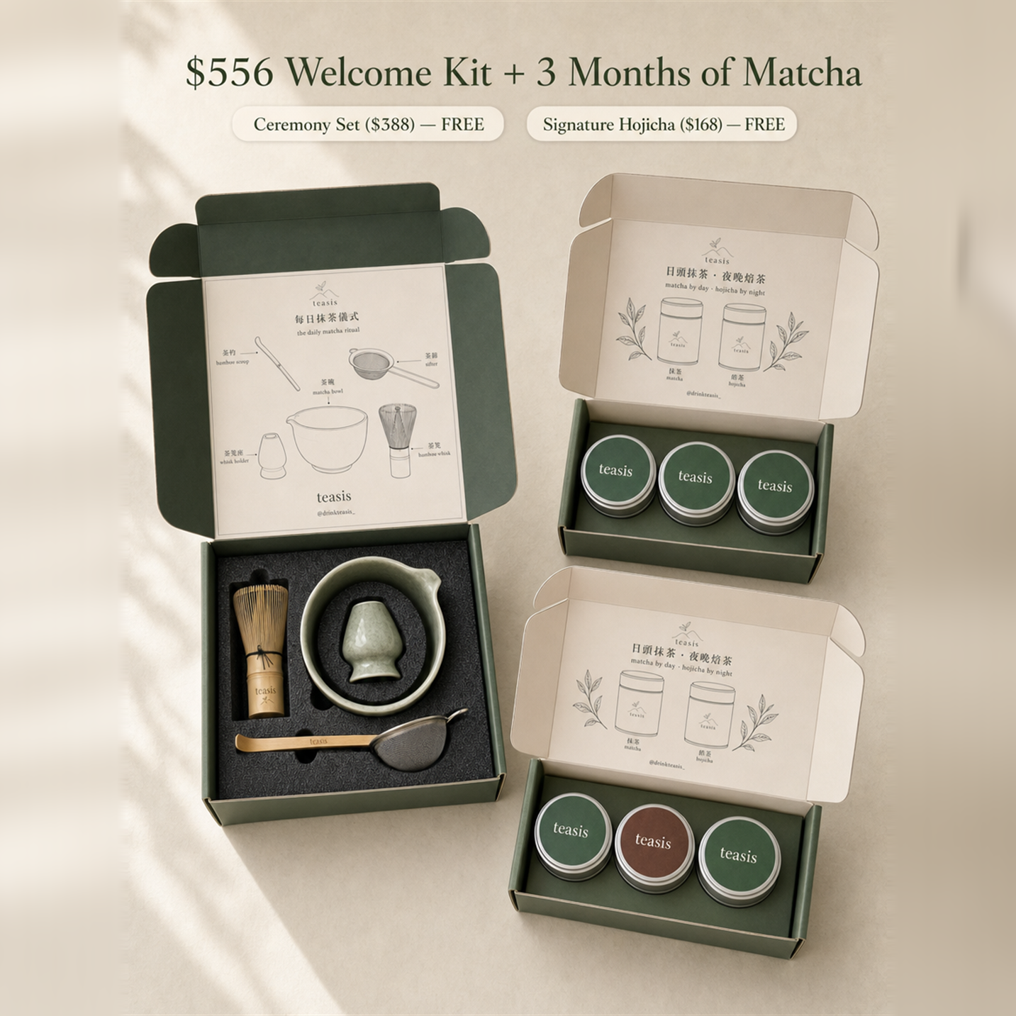 teasis 3-Month Supply — $556 welcome kit + 3 months of matcha, all 6 tins + ceremony set in the new boxes