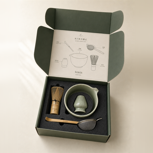 teasis Matcha Ceremony Set in its gift box — bowl, whisk, whisk holder, scoop and sifter